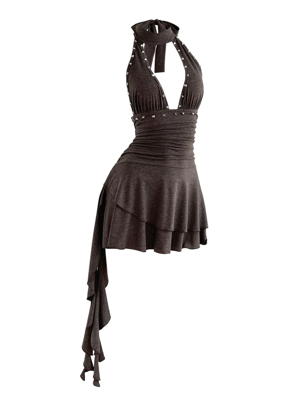 Women's Rivet Studded Halter Mini Dress Y2k Ruched Ruffle Layered Dress NWOT M